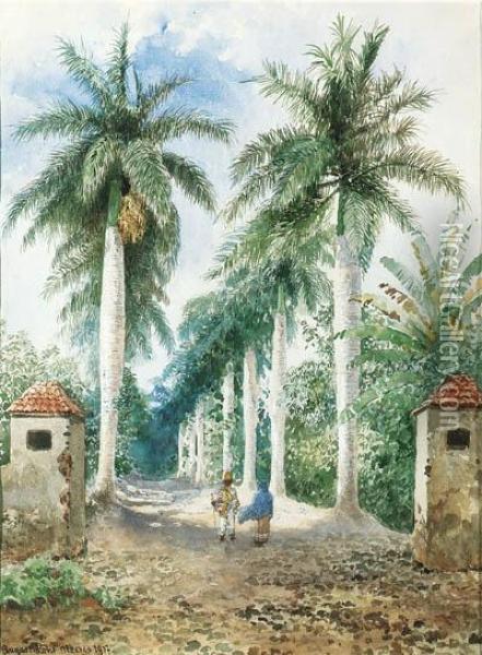The Gateway To An Estate In Mexico With An Avenue Of Palms Oil Painting - August Lohr