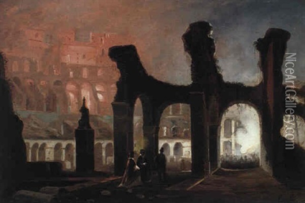 Colosseo Illuminato Da Fuochi Di Bengala Oil Painting - Ippolito Caffi