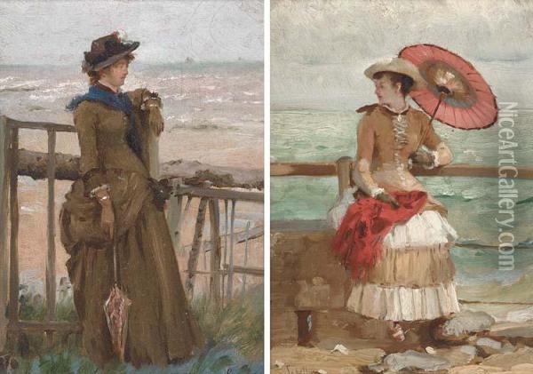 Elegantes Aux Bord De La Mer Oil Painting - Gustave Francois Lasellaz