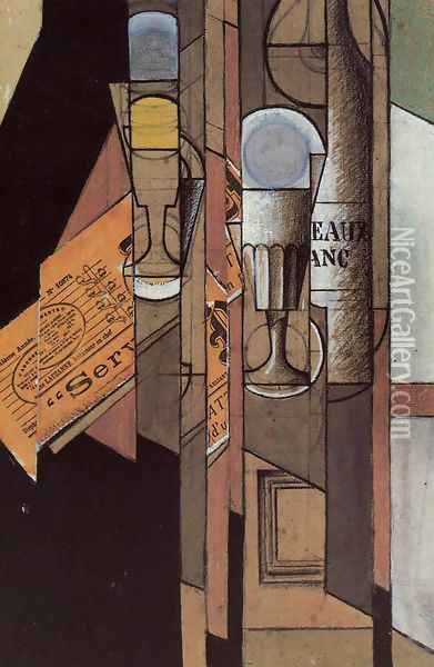 Glasses, Newspaper and Bottle of Wine Oil Painting - Juan Gris
