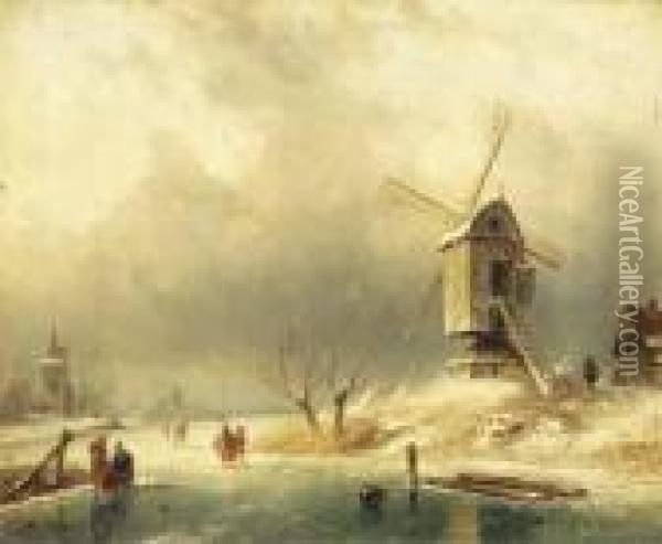 Winter: Figures On The Ice By A Windmill Oil Painting - Charles Henri Leickert