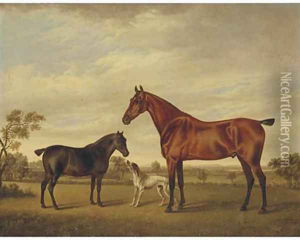 A horse and foal with a hound in a landscape Oil Painting - Charles Towne