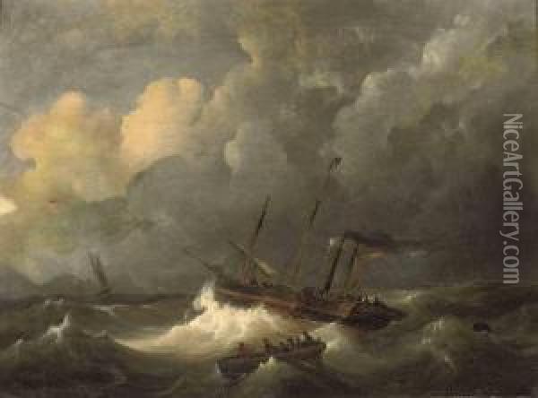 A Paddle Steamer And Other Ships In Rough Seas Oil Painting - George Willem Opdenhoff