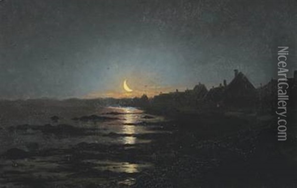 Moon Light Coastal Scenery Oil Painting - Peter Eggers