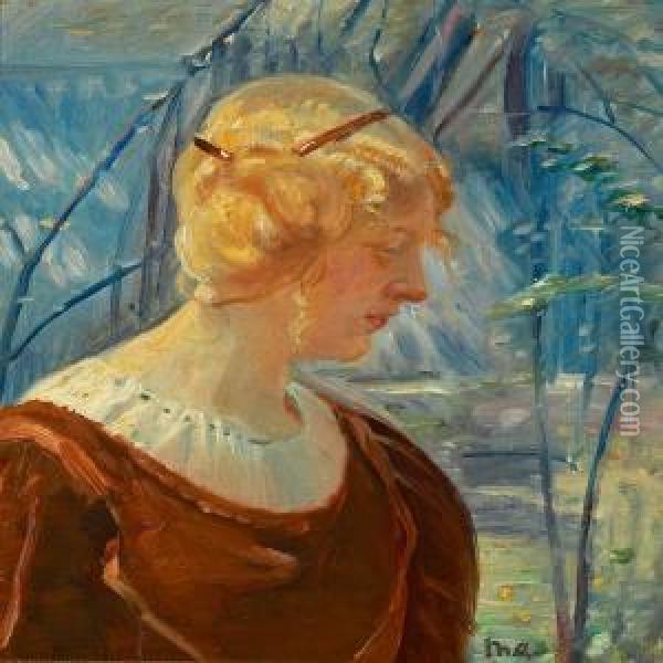 Portrait Of A Young Blond Woman In A Garden Oil Painting - Michael Ancher