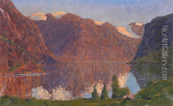 Fjordlandskap Med Fjell Oil Painting - Karl Johan Lokke