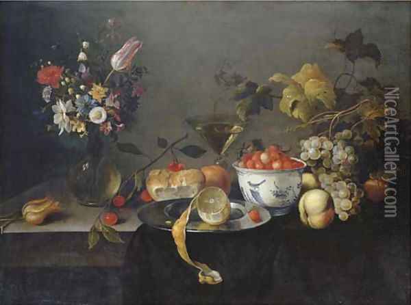 A tulip, a carnation, an iris and other flowers in a glass vase, wild strawberries in a Wan-li 'kraak' porselain bowl, a partly-peeled lemon Oil Painting - Michiel Simons