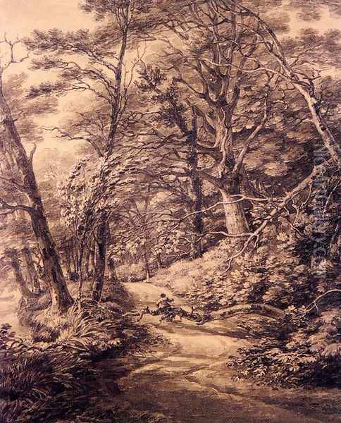 a Man Seated On A Fallen Branch On A Woodland Path Oil Painting - Thomas Hearne