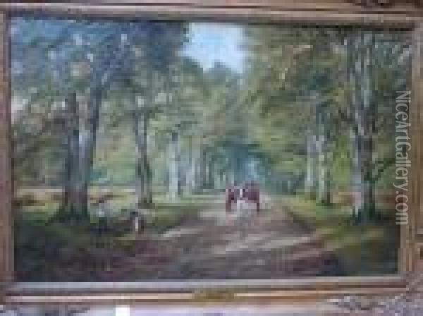 A Country Lane, With Figures Gathering Firewood, And Horse And Cart Oil Painting - William Greaves