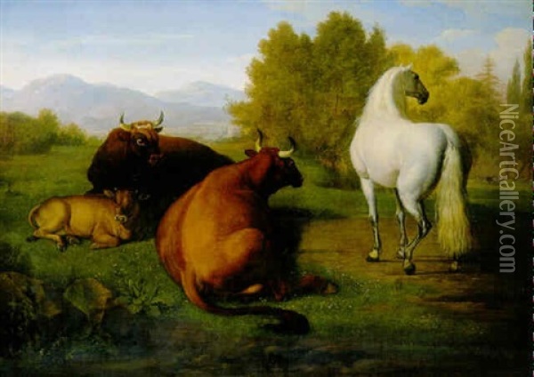 A Grey And Cows In A Field Oil Painting - Wenceslaus (Wenzel) Peter