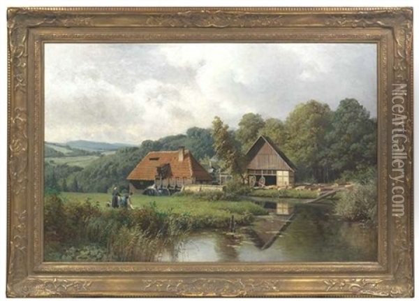 Westfalische Landschaft Mit Einer Muhle An Einem Fluss Oil Painting - Heinrich Deiters