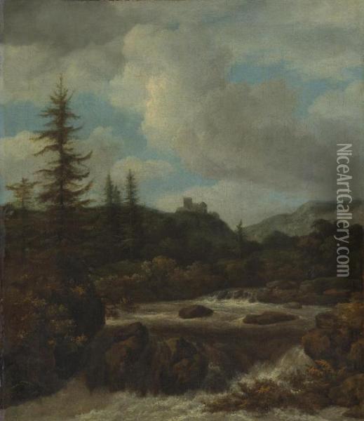 Landscape With A Waterfall Near A Castle Oil Painting - Jacob Van Ruisdael