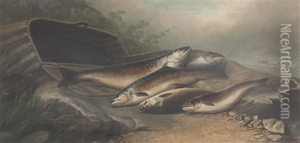 The Day's Catch Of Salmon/trout Oil Painting - John Bucknell Russell