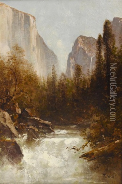 View Of Bridal Veil Falls, Yosemite Valley Oil Painting - Thomas Hill