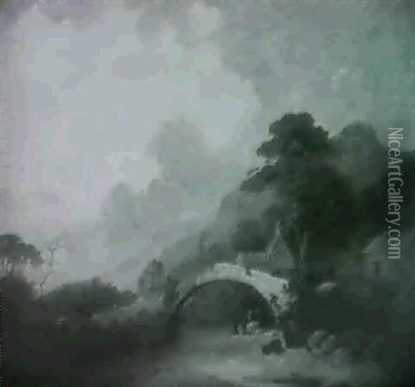 River Landscape With Figures Under A Bridge Oil Painting - John Rathbone