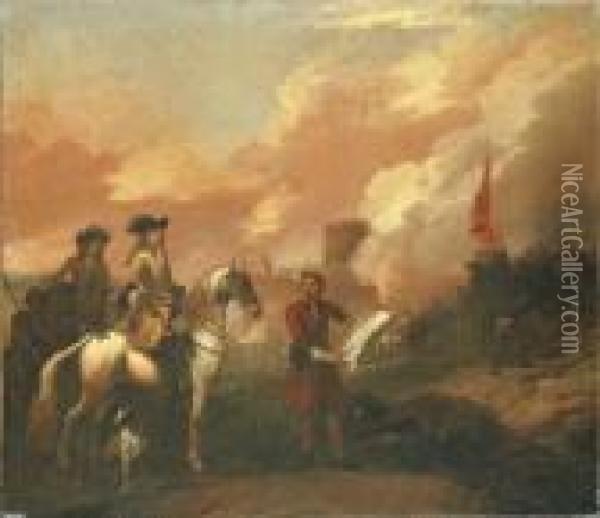 Two Cavalry Officers Surveying The Bombardment Of A Castle Oil Painting - Jan Wyck