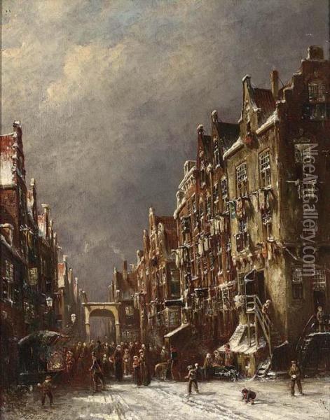 Market In A Wintry Dutch Town Oil Painting - Pieter Gerard Vertin