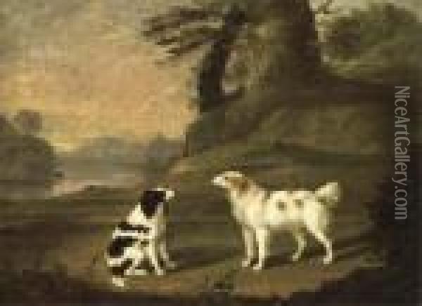 Two Spaniels In A Wooded River Landscape Oil Painting - Thomas Stringer