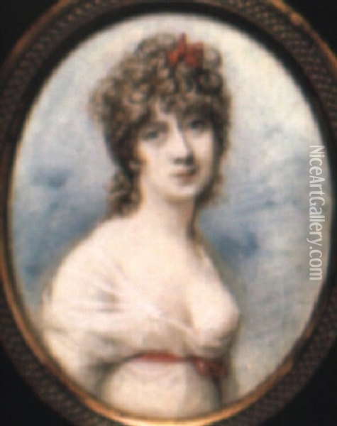 Portrait Of A Lady In Low-cut White Dress With Red Sash Oil Painting - Richard Cosway