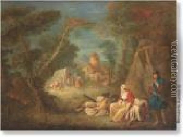 Hunting Party Resting In The Woods.panel Oil Painting - Nicolas Lancret