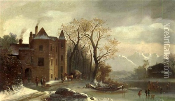 Winter Landscape With Figures Oil Painting - Anton Doll