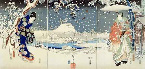Snow Scene in the Garden of a Daimyo Oil Painting - Utagawa Hiroshige & Kunisada