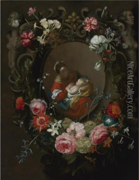 The Virgin And Child Surrounded By A Cartouche Of Floralgarlands Oil Painting - Frans Ykens