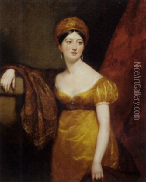Portrait Of Henrietta Shuckburgh In Empire Style Dress And A Turban, With A Paisley Shawl Draped Over Her Right Shoulder, Standing By A Column Oil Painting - Margaret Sarah Carpenter