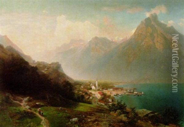 Ortschaft Am Ufer Eines Gebirgssees Oil Painting - Ferdinand Feldhuetter