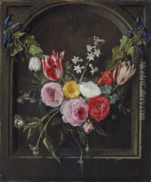 A Swag Of Flowers Hanging In A Niche Oil Painting - Jan van Kessel the Elder