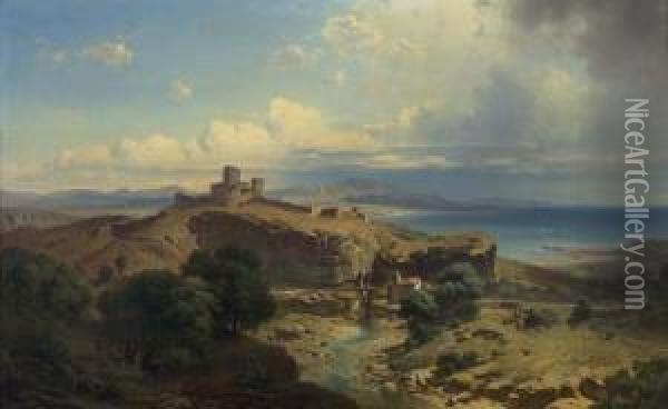 Coastal Landscape With View Of A Castle. Oil Painting - Friedrich Bamberger
