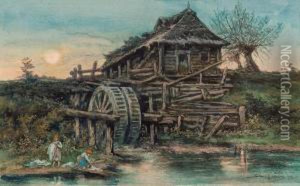 Old Mill Oil Painting - Tadeusz Rybkovski