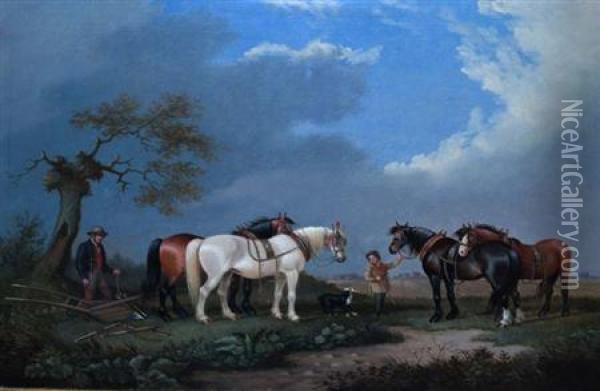 Changing The Plow Team Oil Painting - Augustus S. Boult