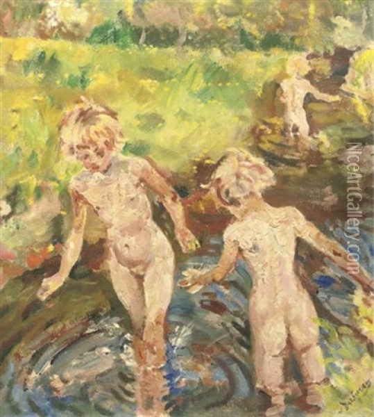 Children Playing In The River Aa Oil Painting - Erasmus Bernhard Van Dulmen Krumpelman