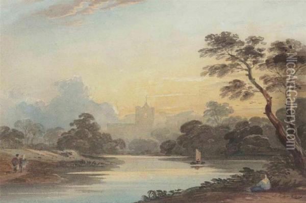 View On The Thames At Evening With Chiswick Church Beyond,london Oil Painting - John Varley