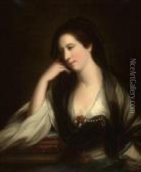 Viscountess Irvine In A White Jeweled Dress With Blackmantilla Oil Painting - Sir Joshua Reynolds