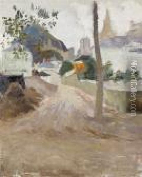 Avenue De La Gare A Sion Mit Blick Auf Den Tourbillon. Oil Painting - Otto Vautier