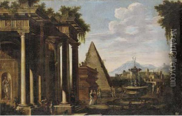 A Capriccio Of Classical Ruins With Figures Around A Fountain Oil Painting - Johann Oswald Harms
