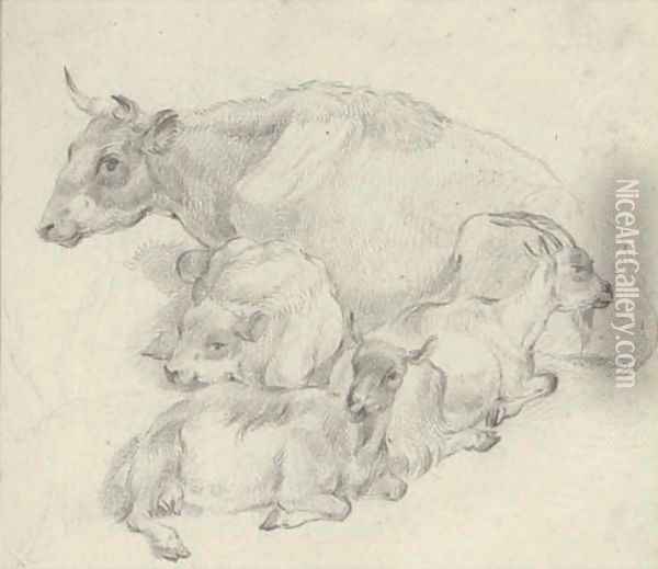 Study of a cow, her calf and two goats Oil Painting - Thomas Sidney Cooper