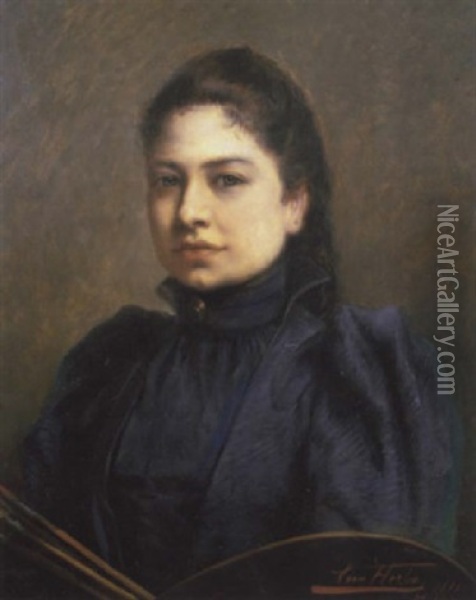 Portrait Einer Jungen Malerin Im Blauen Taftkleid Oil Painting - Leon Herbo