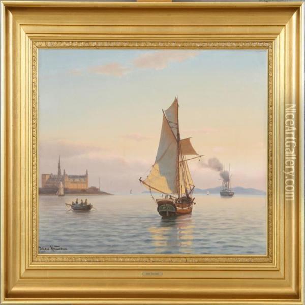 Ships At A Calm Sea By Kronborg. Signed Johan Neumann Oil Painting - Johann Jens Neumann