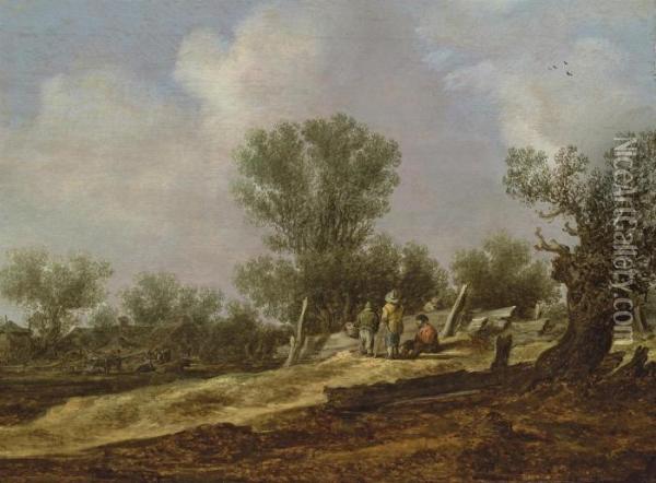 A Landscape With Travellers Resting By A Fence, A Village Beyond Oil Painting - Jan van Goyen