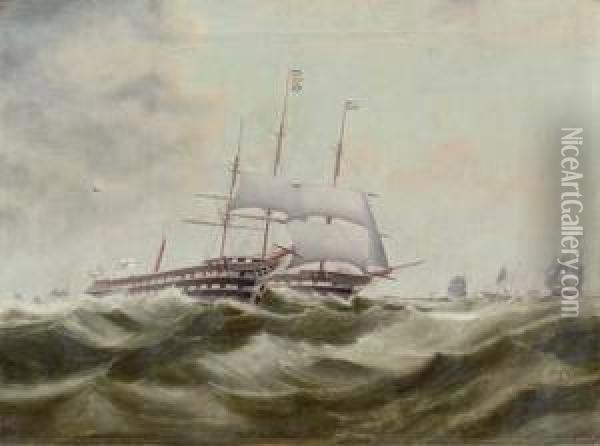 A Naval Engagement Oil Painting - R. Marshall