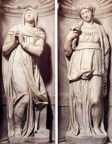 Tomb of Pope Julius II [detail] - Rachel and Leah Oil Painting - Michelangelo Buonarroti