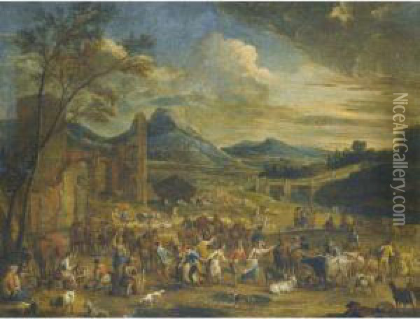 An Extensive And Mountainous 
River Landscape With Numerous Figuresmerrymaking In The Foreground 
Before Ancient Ruins Oil Painting - Pieter Van Bredael
