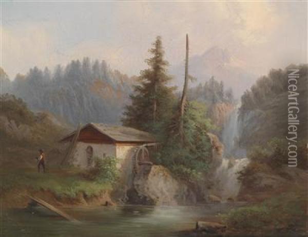 Alpine Stream With Wanderers Oil Painting - Gustav Barbarini