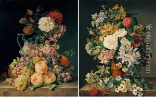 Stilleben Mit Blumen & Stilleben Mit Obst Und Blumen, A Pair Oil Painting - Pauline Von Koudelka-Schmerling