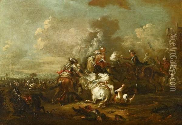 Cavalry Battles Oil Painting - Jacques Courtois Le Bourguignon