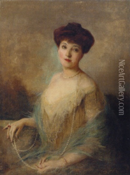 Portrait Of A Lady Wearing A Pearl Necklace Oil Painting - William Ablett