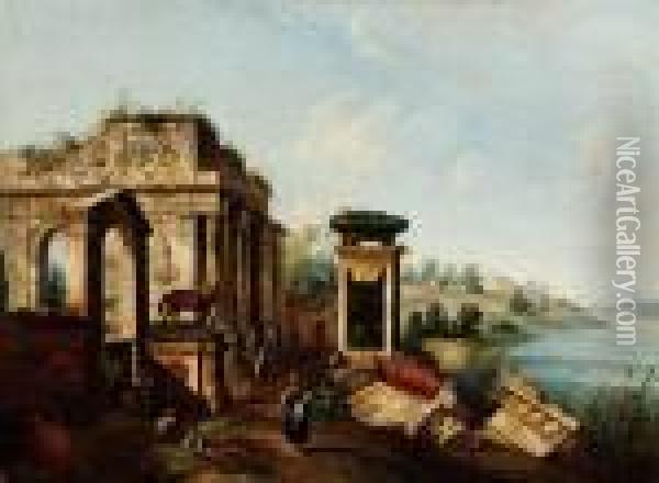 Capriccio Con Rovine Classiche E Paesaggio Fluviale Oil Painting - Francesco Albotto